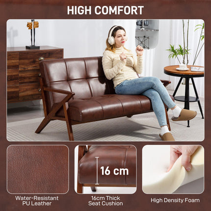 Compact 2 Seater Sofa, Vintage Tufted Loveseat Sofa with Solid Wood Legs, PU Lea