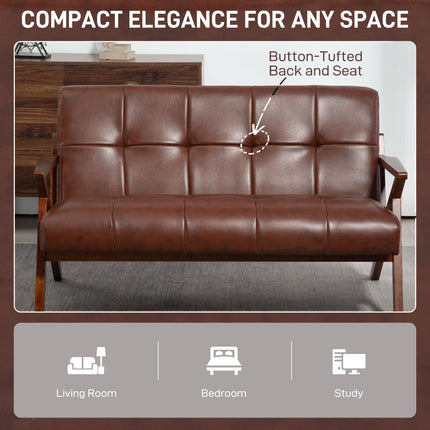 Compact 2 Seater Sofa, Vintage Tufted Loveseat Sofa with Solid Wood Legs, PU Lea
