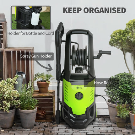 2200W High Pressure Electric Washer 170 Bar 420L/h with Adjustable Nozzle, 6M Hose & Hose Reel for Home Patio Car Driveway - Green Black