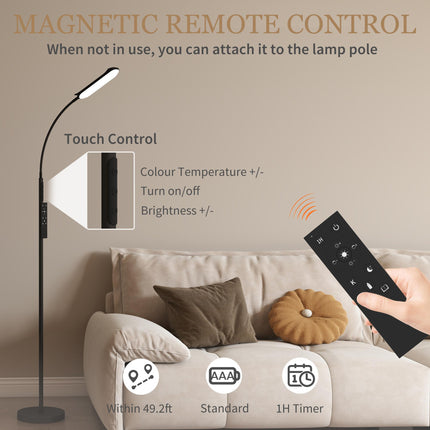 LED Floor Lamp, Standing Lamp with Remote & Touch Control, Stepless Dimmable Colours Temperature & Brightness, 360° Adjustable Gooseneck, 1 Hour Timer, Memory Function for Living Room, Black