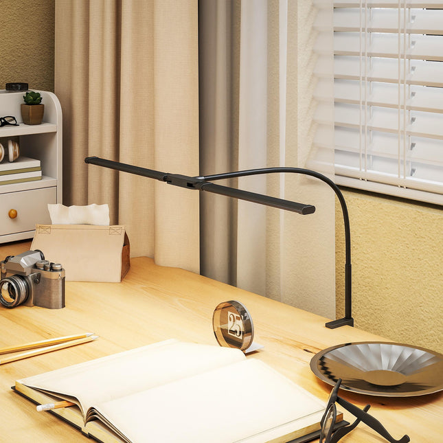 LED Desk Lamp with Clamp, Double Head Table Lamp with 3 Colour Modes & 10 Brightness Levels, Flexible Gooseneck Reading Desk Light with Timer and Memory Function for Study, Office, Work, Black