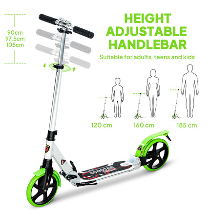 Folding Kick Scooter, Adjustable Ride On Scooter with 200mm Big Wheels and Double Shock Absorption, Urban Scooter for 14+ Teens Adult, Green