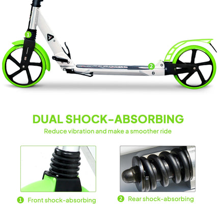 Folding Kick Scooter, Adjustable Ride On Scooter with 200mm Big Wheels and Double Shock Absorption, Urban Scooter for 14+ Teens Adult, Green