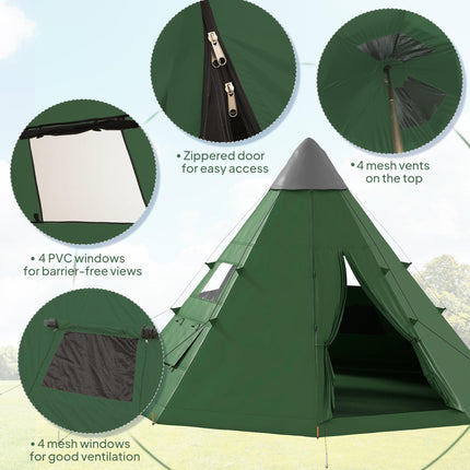 6 Men Tipi Tent with Carry Bag - Green