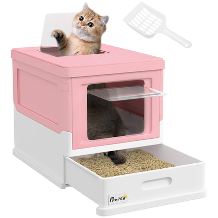 Hooded Cat Litter Box with Scoop Front Entry Portable Pet Toilet - Pink