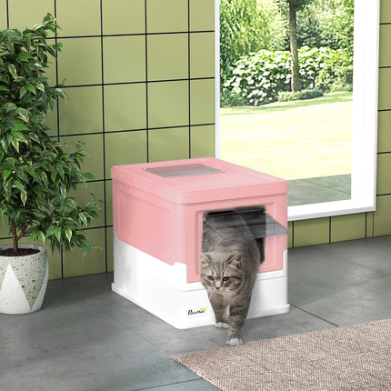 Hooded Cat Litter Box with Scoop Front Entry Portable Pet Toilet - Pink