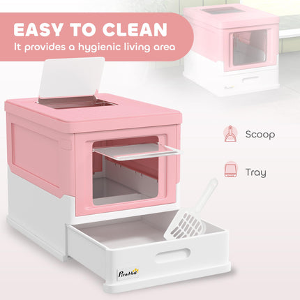 Hooded Cat Litter Box with Scoop Front Entry Portable Pet Toilet - Pink