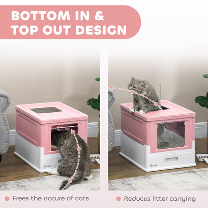 Hooded Cat Litter Box with Scoop Front Entry Portable Pet Toilet - Pink