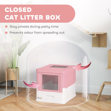 Hooded Cat Litter Box with Scoop Front Entry Portable Pet Toilet - Pink
