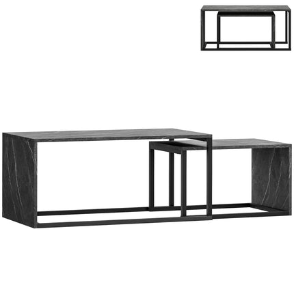 Nesting Coffee Table Set of 2, Industrial Stacking Side End Tables with Metal Frame for Living Room, Bedroom, Dark Grey Marble Effect