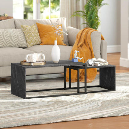 Nesting Coffee Table Set of 2, Industrial Stacking Side End Tables with Metal Frame for Living Room, Bedroom, Dark Grey Marble Effect