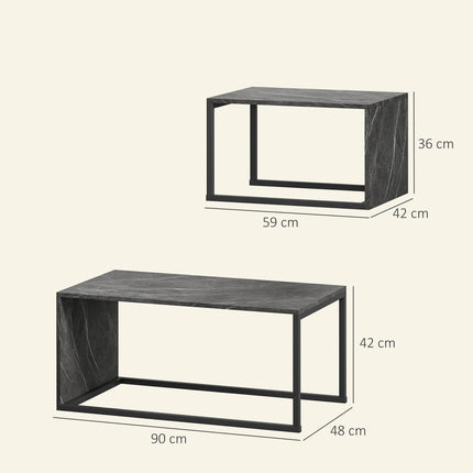 Nesting Coffee Table Set of 2, Industrial Stacking Side End Tables with Metal Frame for Living Room, Bedroom, Dark Grey Marble Effect