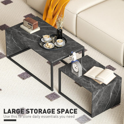 Nesting Coffee Table Set of 2, Industrial Stacking Side End Tables with Metal Frame for Living Room, Bedroom, Dark Grey Marble Effect