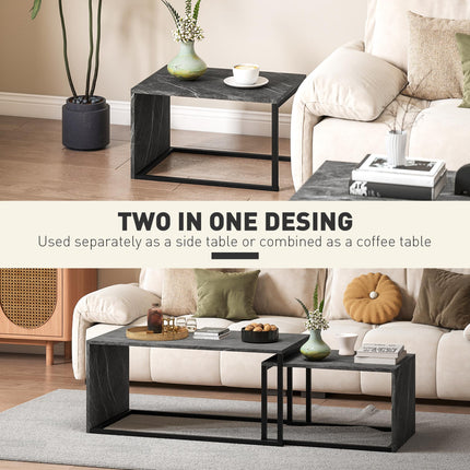 Nesting Coffee Table Set of 2, Industrial Stacking Side End Tables with Metal Frame for Living Room, Bedroom, Dark Grey Marble Effect