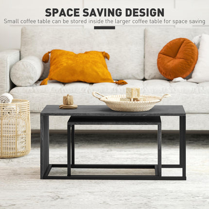 Nesting Coffee Table Set of 2, Industrial Stacking Side End Tables with Metal Frame for Living Room, Bedroom, Dark Grey Marble Effect