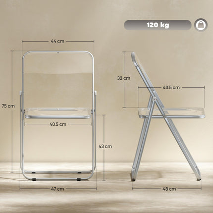 Foldable Chairs, Folding Chairs with Transparent Seat and Backrest, Heavy Duty Steel Frame, 47W x 48D x 75H cm, Clear