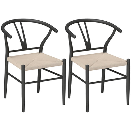 Set of Two Weave Dining Chairs with Y-Shaped Backrest Hemp Seat - Black/Beige