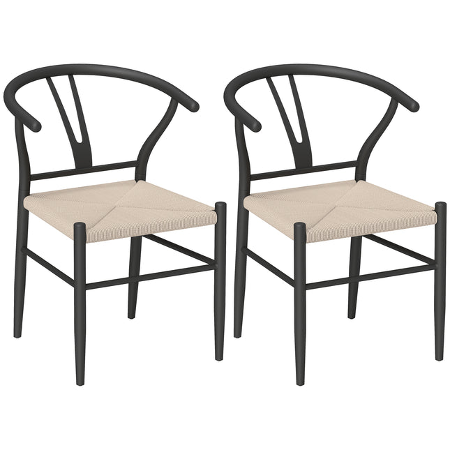 Set of Two Weave Dining Chairs with Y-Shaped Backrest Hemp Seat - Black/Beige