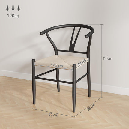 Set of Two Weave Dining Chairs with Y-Shaped Backrest Hemp Seat - Black/Beige
