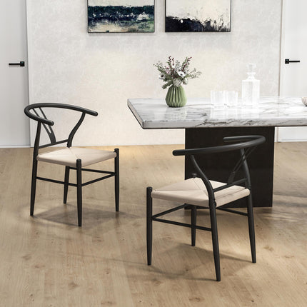 Set of Two Weave Dining Chairs with Y-Shaped Backrest Hemp Seat - Black/Beige