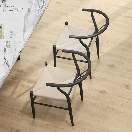 Set of Two Weave Dining Chairs with Y-Shaped Backrest Hemp Seat - Black/Beige