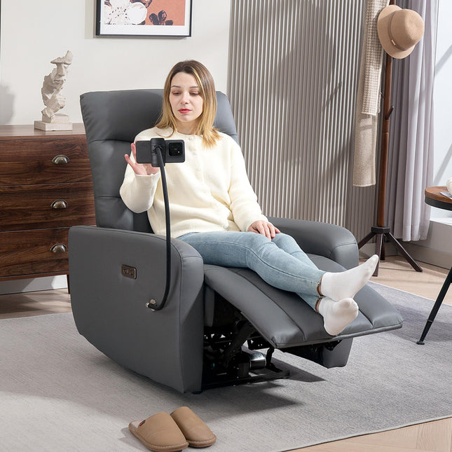 Electric Recliner Armchair with USB & Type C Ports, Phone Holder, Adjustable Leg Rest Reclining Chair - Grey