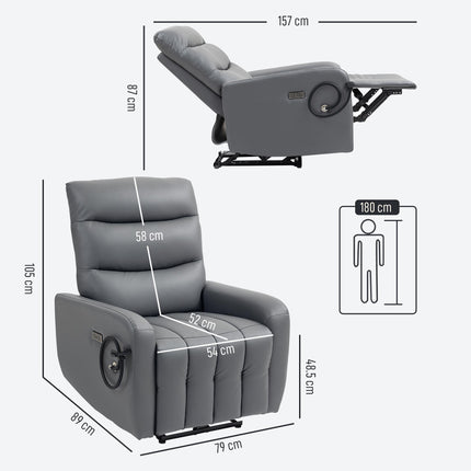 Electric Recliner Armchair with USB & Type C Ports, Phone Holder, Adjustable Leg Rest Reclining Chair - Grey