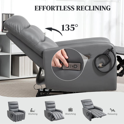 Electric Recliner Armchair with USB & Type C Ports, Phone Holder, Adjustable Leg Rest Reclining Chair - Grey