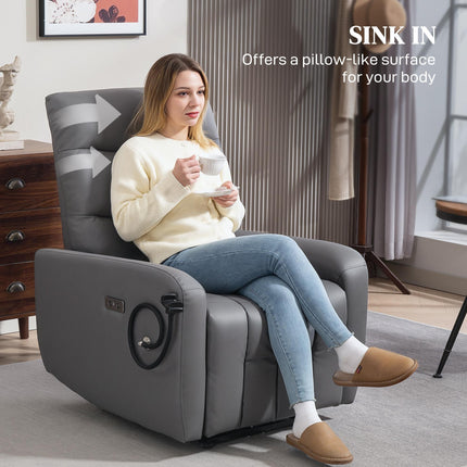 Electric Recliner Armchair with USB & Type C Ports, Phone Holder, Adjustable Leg Rest Reclining Chair - Grey