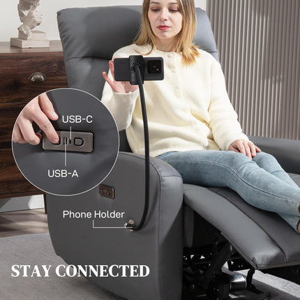 Electric Recliner Armchair with USB & Type C Ports, Phone Holder, Adjustable Leg Rest Reclining Chair - Grey