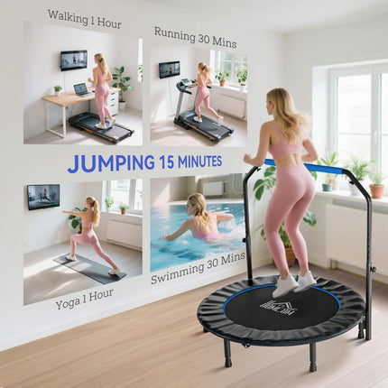48" Foldable Mini Fitness Trampoline, with Adjustable Foam Handle, Blue