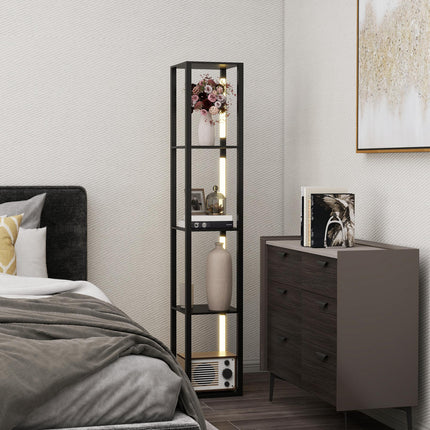 LED Floor Lamp with Shelves, Modern Dimmable Standing Lamp with 3 Brightness Levels and Foot Switch for Living Room, Bedroom, Office, Black