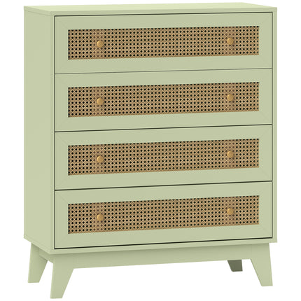 Rattan Chest of Drawers, 4 Drawer Storage Unit with Tapered Legs, Bedroom Storage Organiser Dresser for Bedside, Entryway, Hallway, Living Room, Light Green