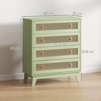 Rattan Chest of Drawers, 4 Drawer Storage Unit with Tapered Legs, Bedroom Storage Organiser Dresser for Bedside, Entryway, Hallway, Living Room, Light Green