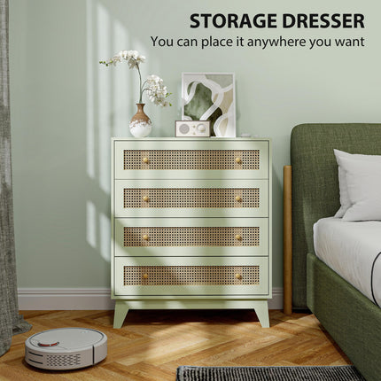 Rattan Chest of Drawers, 4 Drawer Storage Unit with Tapered Legs, Bedroom Storage Organiser Dresser for Bedside, Entryway, Hallway, Living Room, Light Green