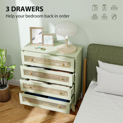 Rattan Chest of Drawers, 4 Drawer Storage Unit with Tapered Legs, Bedroom Storage Organiser Dresser for Bedside, Entryway, Hallway, Living Room, Light Green