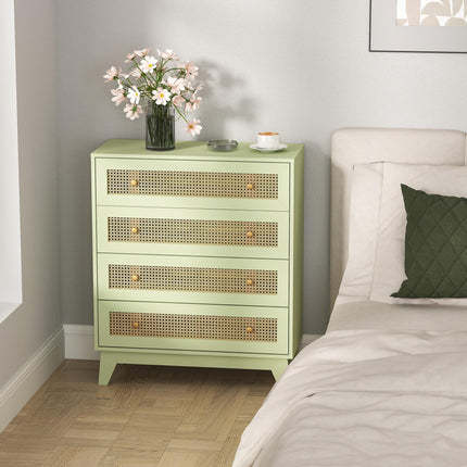 Rattan Chest of Drawers, 4 Drawer Storage Unit with Tapered Legs, Bedroom Storage Organiser Dresser for Bedside, Entryway, Hallway, Living Room, Light Green