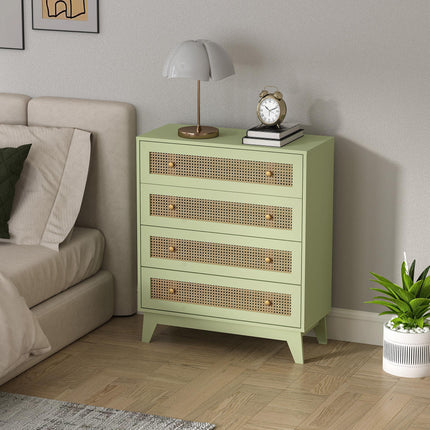 Rattan Chest of Drawers, 4 Drawer Storage Unit with Tapered Legs, Bedroom Storage Organiser Dresser for Bedside, Entryway, Hallway, Living Room, Light Green