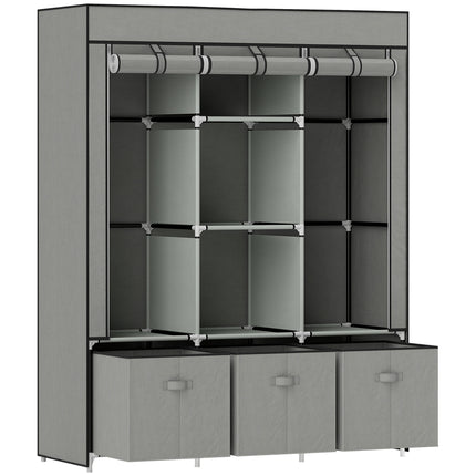 Foldable Fabric Wardrobe for Bedroom, Portable Wardrobe with 5 Shelves, 2 Hanging Rails and 3 Fabric Drawers, Light Grey