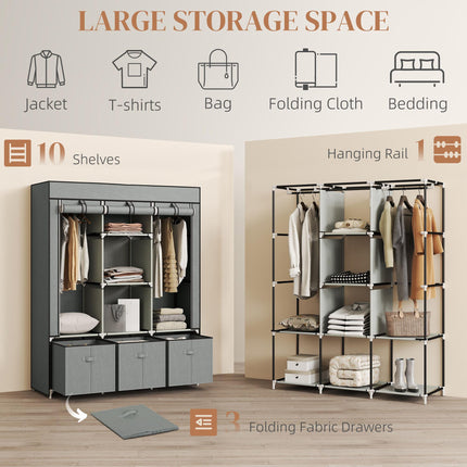 Foldable Fabric Wardrobe for Bedroom, Portable Wardrobe with 5 Shelves, 2 Hanging Rails and 3 Fabric Drawers, Light Grey