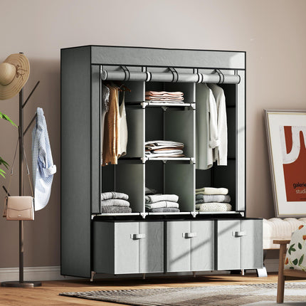 Foldable Fabric Wardrobe for Bedroom, Portable Wardrobe with 5 Shelves, 2 Hanging Rails and 3 Fabric Drawers, Light Grey