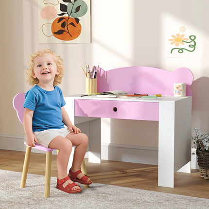 Kids Desk and Chair Set with Drawer for Drawing, Reading, Bear Theme Children Furniture for Bedroom, Daycare, Pink