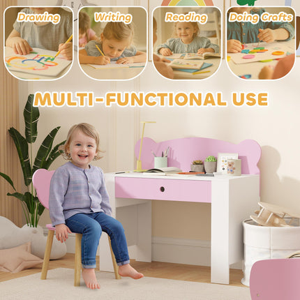 Kids Desk and Chair Set with Drawer for Drawing, Reading, Bear Theme Children Furniture for Bedroom, Daycare, Pink
