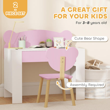 Kids Desk and Chair Set with Drawer for Drawing, Reading, Bear Theme Children Furniture for Bedroom, Daycare, Pink