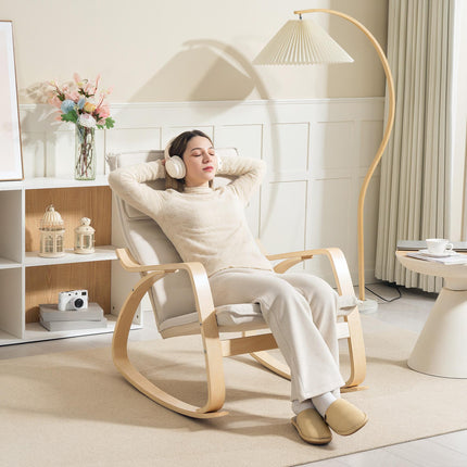 Comfortable Upholstered Rocking Lounge Recliner Chair with High Back and Headrest - Cream White