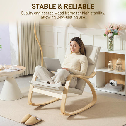 Comfortable Upholstered Rocking Lounge Recliner Chair with High Back and Headrest - Cream White