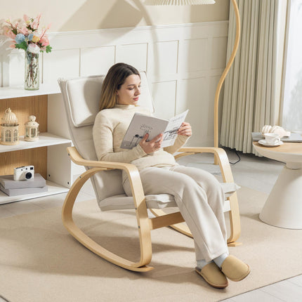 Comfortable Upholstered Rocking Lounge Recliner Chair with High Back and Headrest - Cream White
