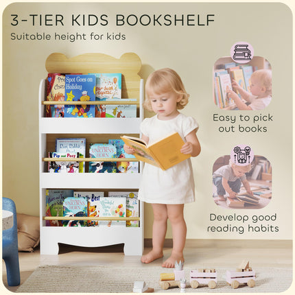 Kids Bookshelf, 3 Tier Children Bookcase, Bear Theme Toddler Space-Saving Bookcase for Living Room, White