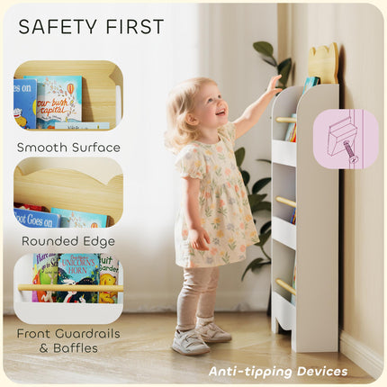 Kids Bookshelf, 3 Tier Children Bookcase, Bear Theme Toddler Space-Saving Bookcase for Living Room, White