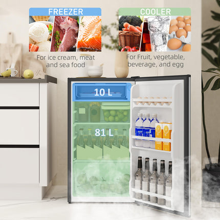 Under Counter Fridge, 91L Small Fridge with Chiller Box, Removable Shelf, Reversible Door, Adjustable Legs, Mini Refrigerator, Silver Tone